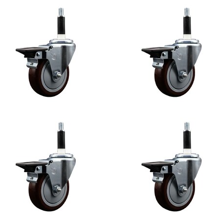 Service Caster 4'' Maroon Poly Swivel 7/8'' Expanding Stem Caster Set with Brake, 4PK SCC-EX20S414-PPUB-MRN-PLB-78-4